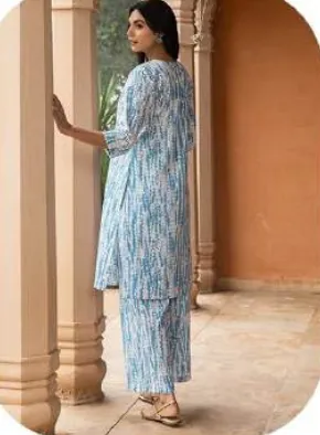 Sky Blue Ikat Print Cotton Kurti Pant Set
