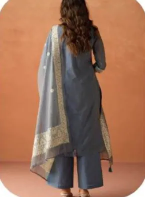Slate Blue Cotton Blend Jacquard Kurta Palazzo Set with Dupatta