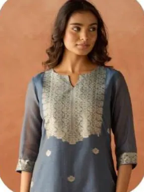 Slate Blue Cotton Blend Jacquard Kurta Palazzo Set with Dupatta
