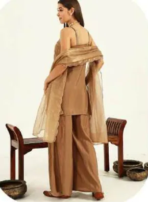 Tan Brown Sleeveless Viscose Chanderi Kurta Set with Dupatta