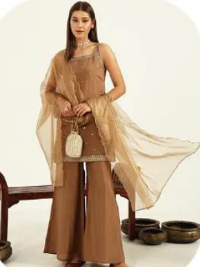 Tan Brown Sleeveless Viscose Chanderi Kurta Set with Dupatta