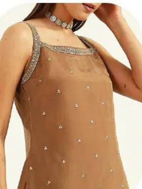 Tan Brown Sleeveless Viscose Chanderi Kurta Set with Dupatta