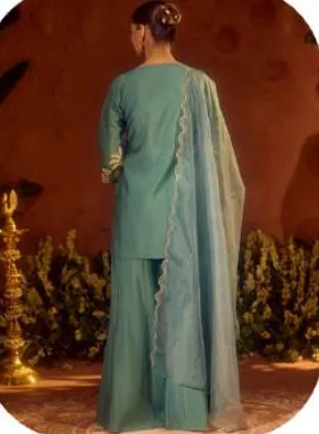 Teal Blue Embroidered Viscose Chanderi Kurta Set with Dupatta