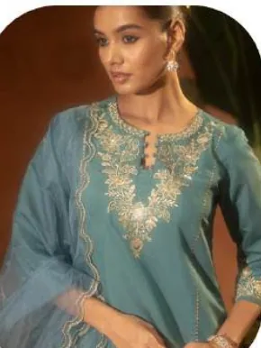 Teal Blue Embroidered Viscose Chanderi Kurta Set with Dupatta