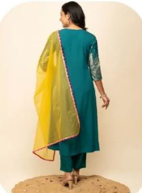 Teal Crepe Kurta Set with Dupatta