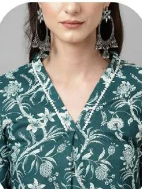 Teal Floral Print Cotton Kurti Pant Set