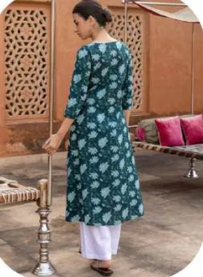 Teal Floral Print Straight Cotton Kurti