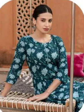 Teal Floral Print Straight Cotton Kurti