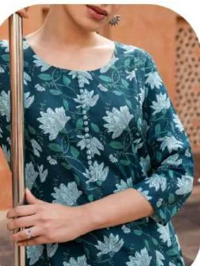 Teal Floral Print Straight Cotton Kurti