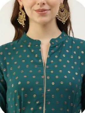 Teal Gold Print Anarkali Poly Crepe Kurti with Dupatta