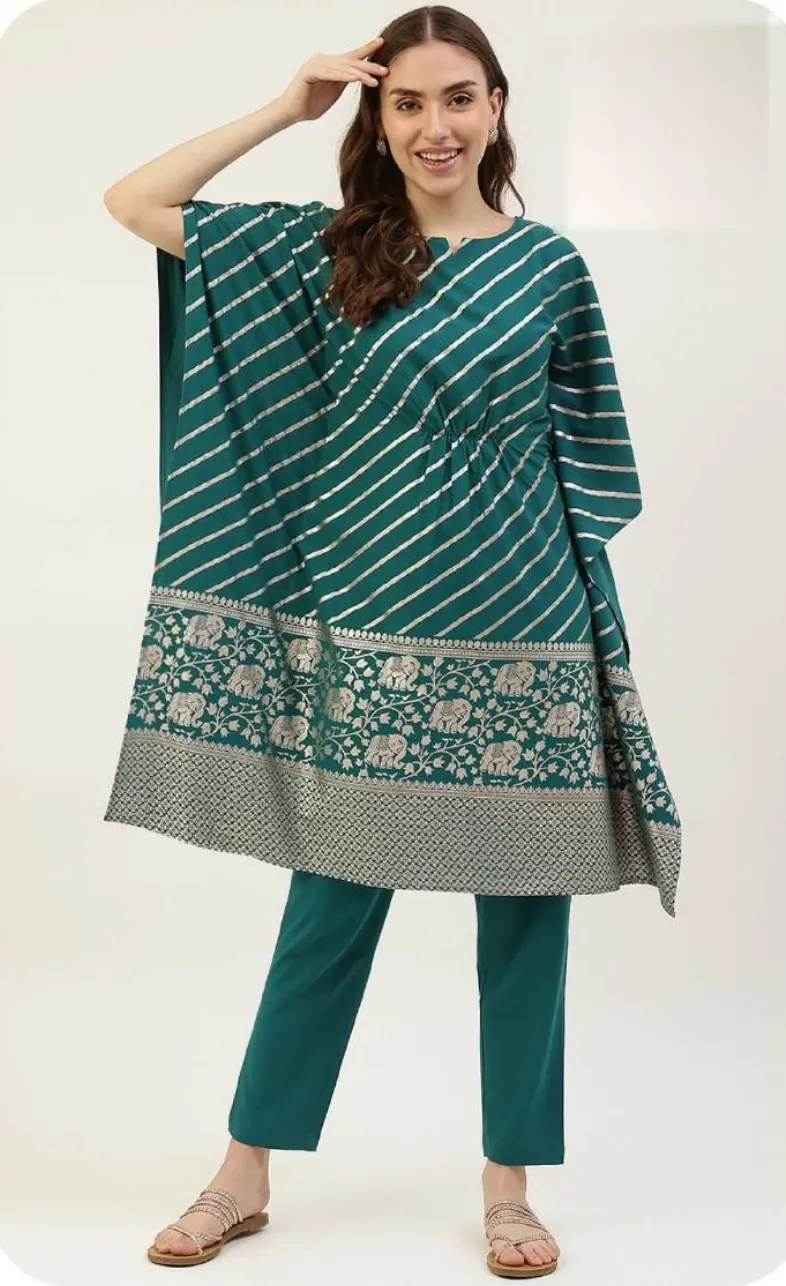 Teal Leheriya Print Poly Crepe Kaftan & Pant Set