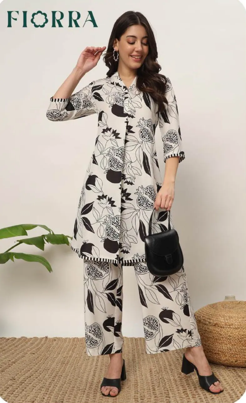 White Black Abstract Print Cotton Blend Kurti Palazzo Set