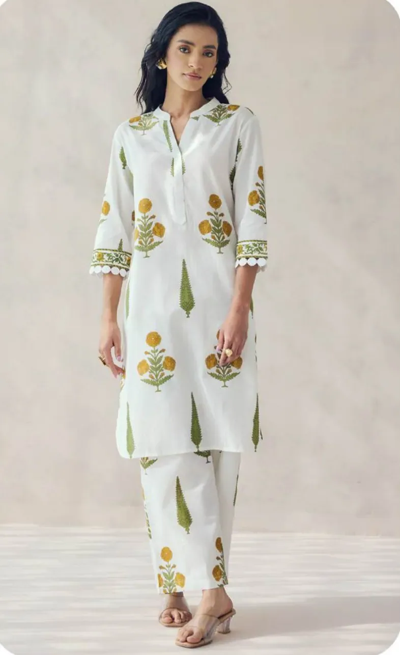 White Block Print Short Cotton Kurti Pant Set