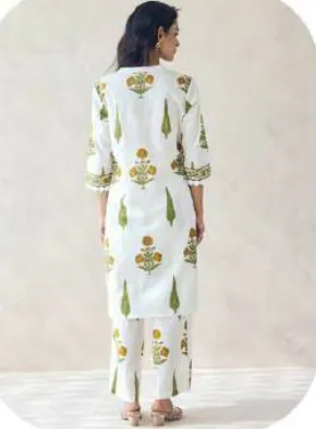 White Block Print Short Cotton Kurti Pant Set
