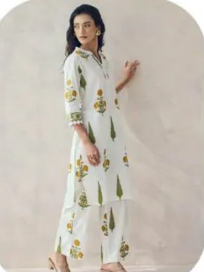 White Block Print Short Cotton Kurti Pant Set