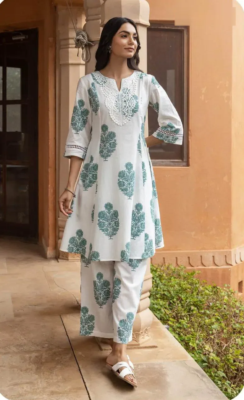 White Blue-Green Block Print Cotton Kurti Pant Set