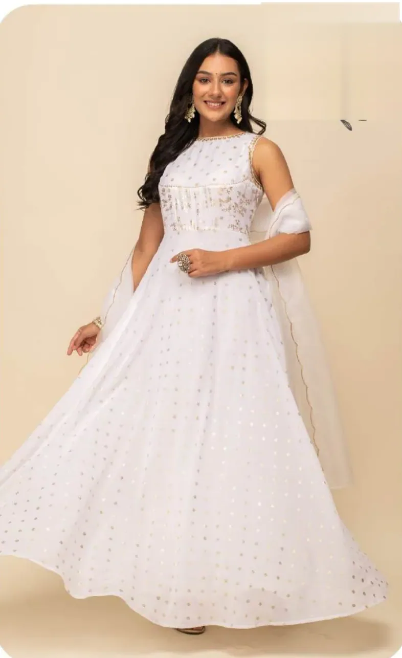 White Embroidered Anarkali Georgette Gown with Dupatta