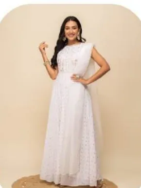 White Embroidered Anarkali Georgette Gown with Dupatta