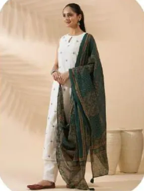 White Embroidered Cotton Kurta Set with Dupatta