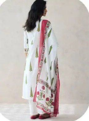 White Floral Print Anarkali Cotton Kurta Set with Dupatta