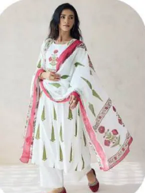 White Floral Print Anarkali Cotton Kurta Set with Dupatta