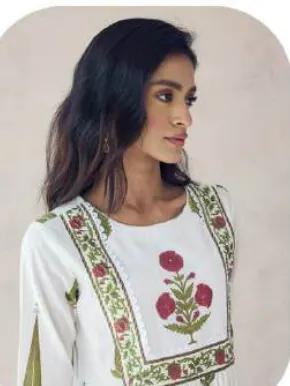 White Floral Print Anarkali Cotton Kurta Set with Dupatta