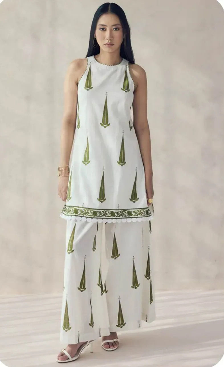 White Green Block Print Halter Cotton Kurti Pant Set