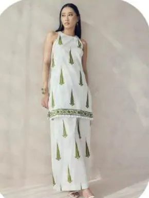 White Green Block Print Halter Cotton Kurti Pant Set