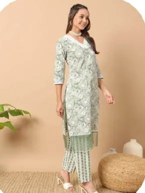 White Green Print Cotton Kurta Set with Dupatta