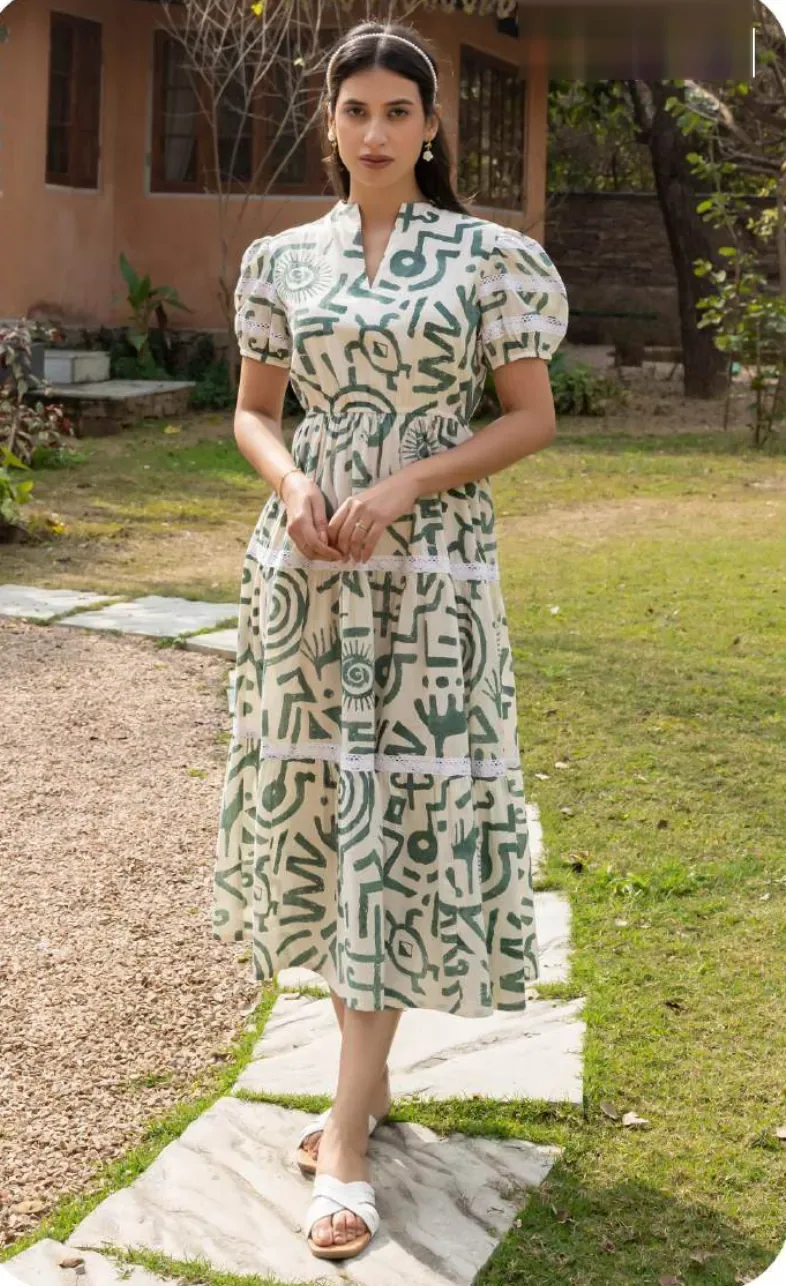 White Green Print Puff Sleeve Midi Cotton Dress