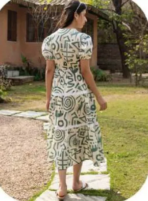 White Green Print Puff Sleeve Midi Cotton Dress