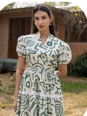 White Green Print Puff Sleeve Midi Cotton Dress