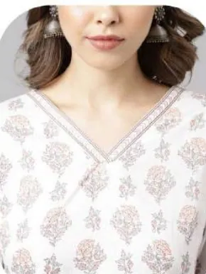 White Grey Block Print Cotton Kurti Pant Set
