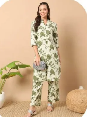 White Olive Leaf Print Pure Cotton Kurti Palazzo Set