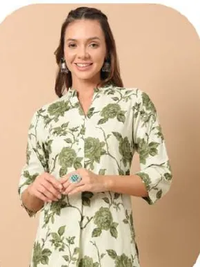 White Olive Leaf Print Pure Cotton Kurti Palazzo Set