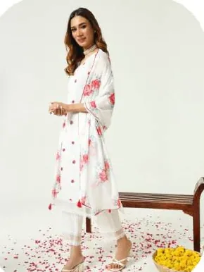 White Red Polka Print Cotton Kurta Set with Dupatta