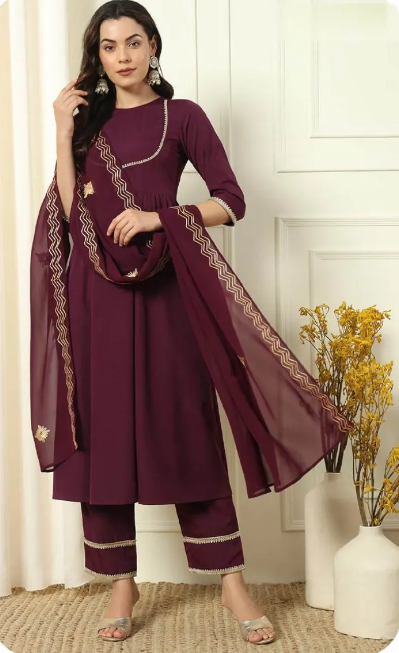 Wine Crepe Kurta Set with Dupatta