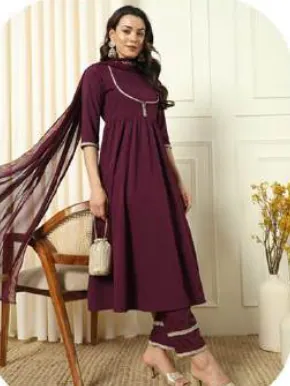 Wine Crepe Kurta Set with Dupatta