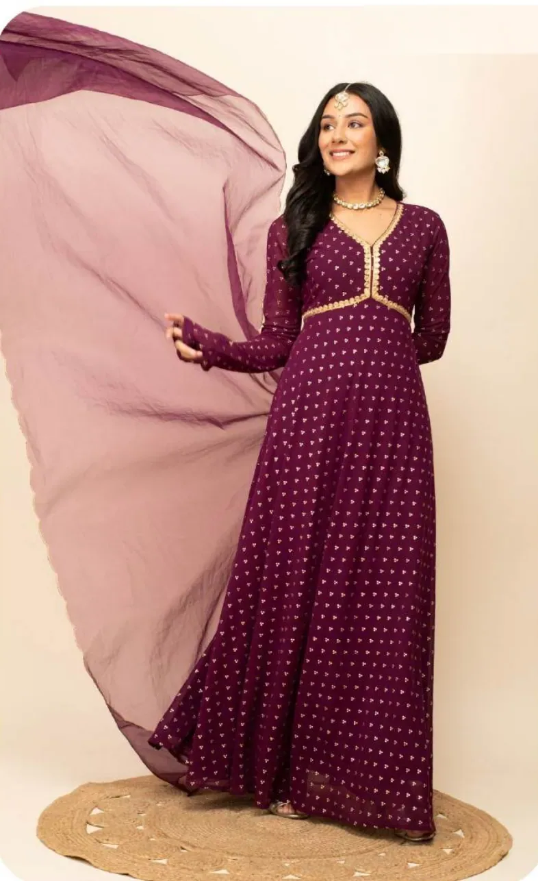 Wine Printed Georgette Gown with Dupatta