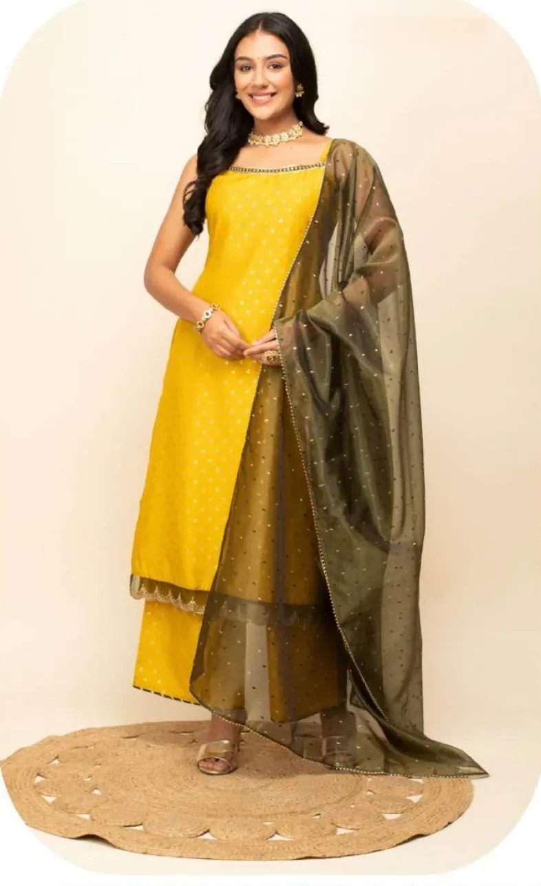 Yellow Silk Blend Kurta Palazzo Set with Dupatta